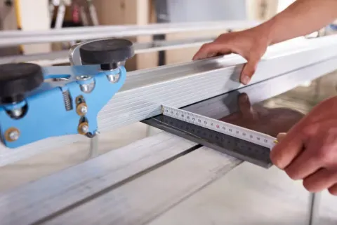 Proceso de fabricación en taller de perfilería de aluminio para ventana con corte de precisión y ensamblaje.