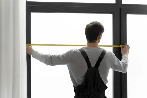 Técnico profesional tomando medidas precisas en obra para la fabricación de ventanas de aluminio a medida.